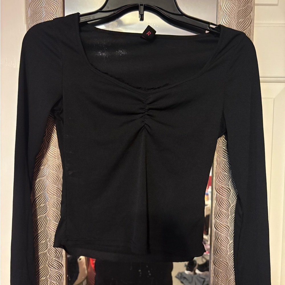 ROMWE Black Ruched Long Sleeve Blouse